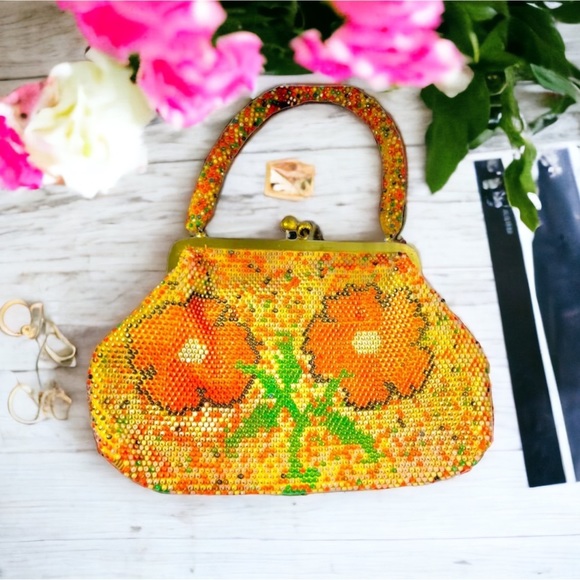 Beautiful Vintage orange flower bead purse beaded 1970s - Picture 2 of 12